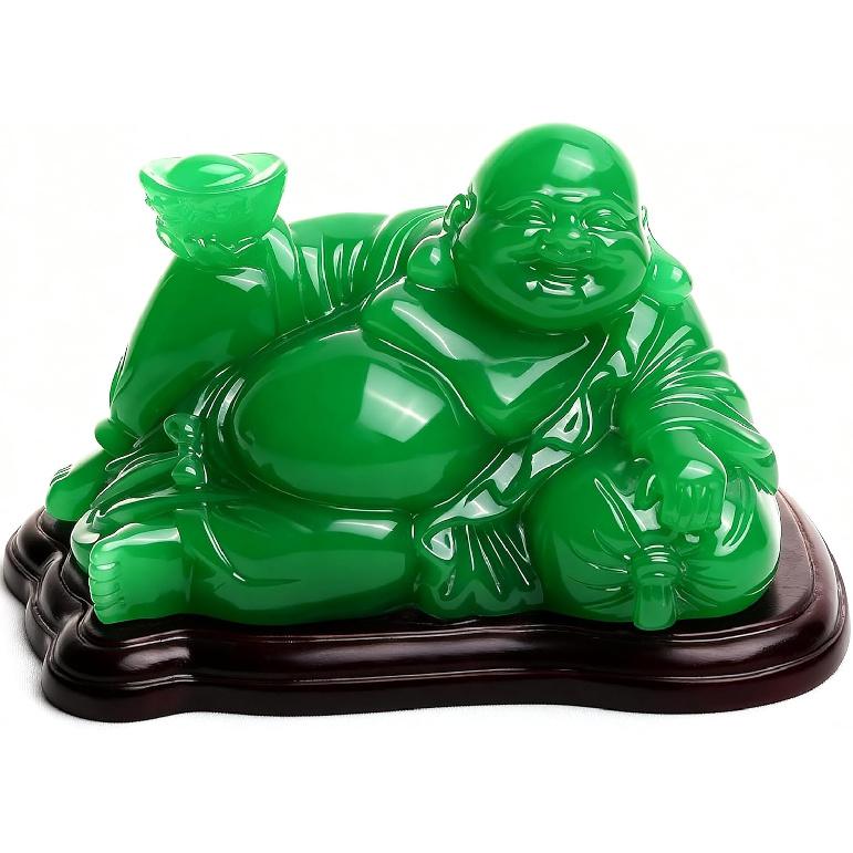 5.3 Green Happy Buddha Statue, Feng Shui Laughing Buddha Figurine for Good Luck, Handcrafted Polystone Resin, Home & Office Decor,Meditation Decor