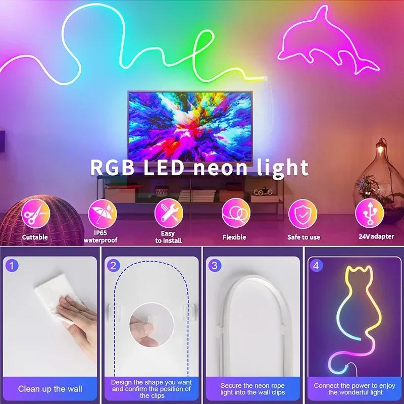 24 Volt Rgb Flexible Neon Light Strip 15 20 Meters 5M 10M 30M Waterproof Led Neon Light Rope With Remote App Control Tape Lamp