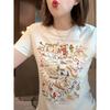 Colorful Printed White Short-Sleeved T-Shirt for Women, Korean Style 2026 Summer New Design, Unique Dopamine Style Top