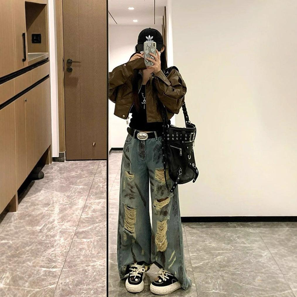 Comfortable Broken Hole Wide Leg Jeans Women's Retro Waste Soil Wind Loose Straight Drag Ground Trousers Tide Jeans for Women Long Denim Pants