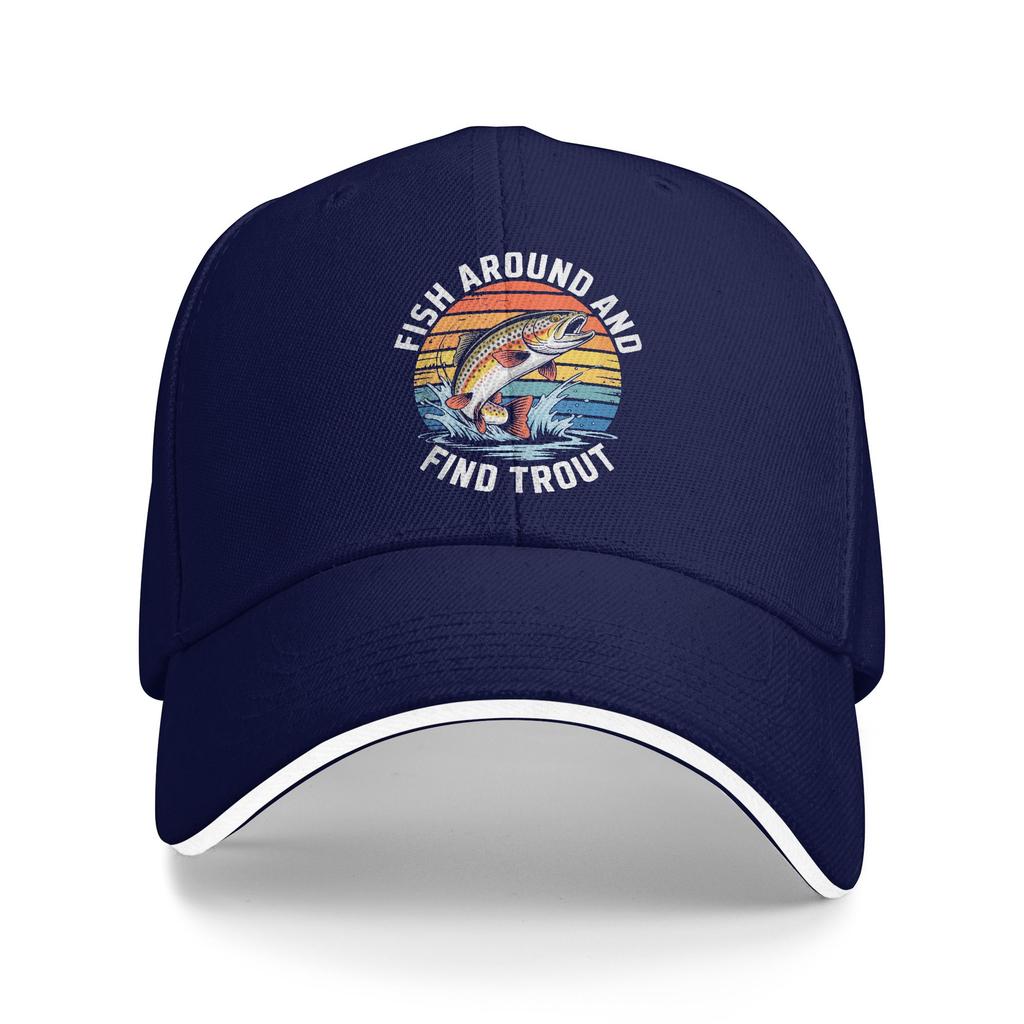 Summer Fish Around and Find Trout Fishing Baseball Cap Outdoor Sport Vintage Print Sun Trucker Hat Female Male Baseball Caps