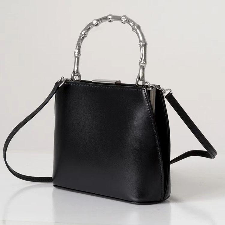 New Bamboo Bag Imported First-layer Cowhide Silver Handle Modern Frog Mouth Bag Premium Sense Portable Shoulder Dinner Bag