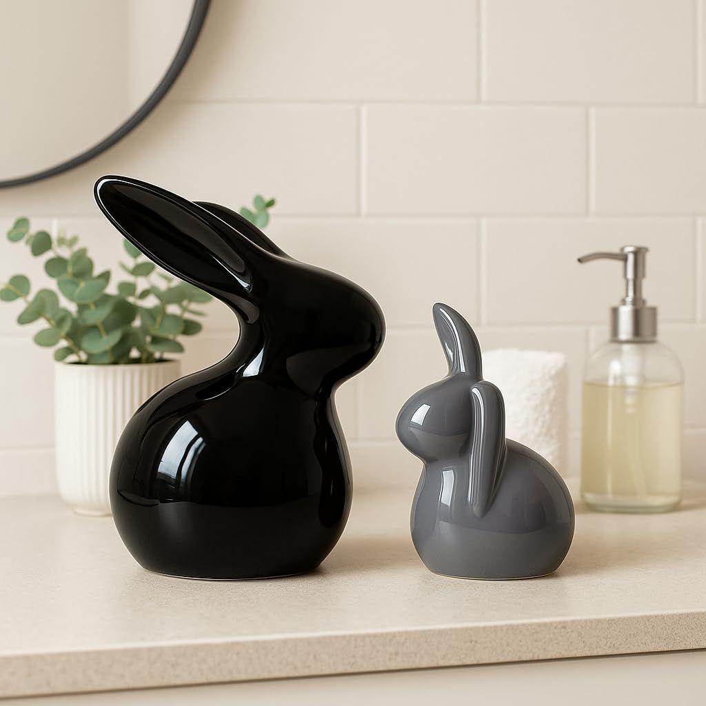 Home Decor Ceramic Rabbit Figurines (Set of 2, Black and Grey)