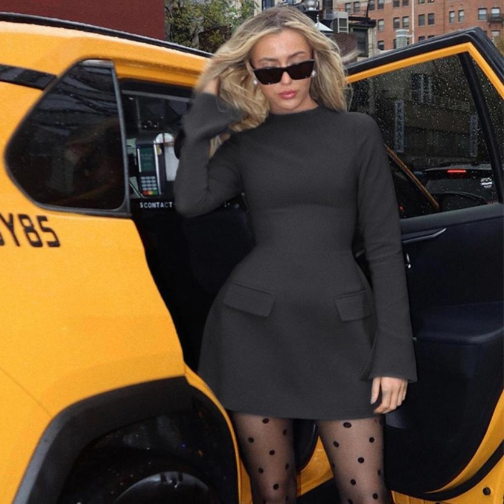 LYRIA Langermet Glidelås Bodycon Mini Kjole Med Lomme Ensfarget Elegant Antrekk Kontor Streetwear Dame Høst Vinter Klær