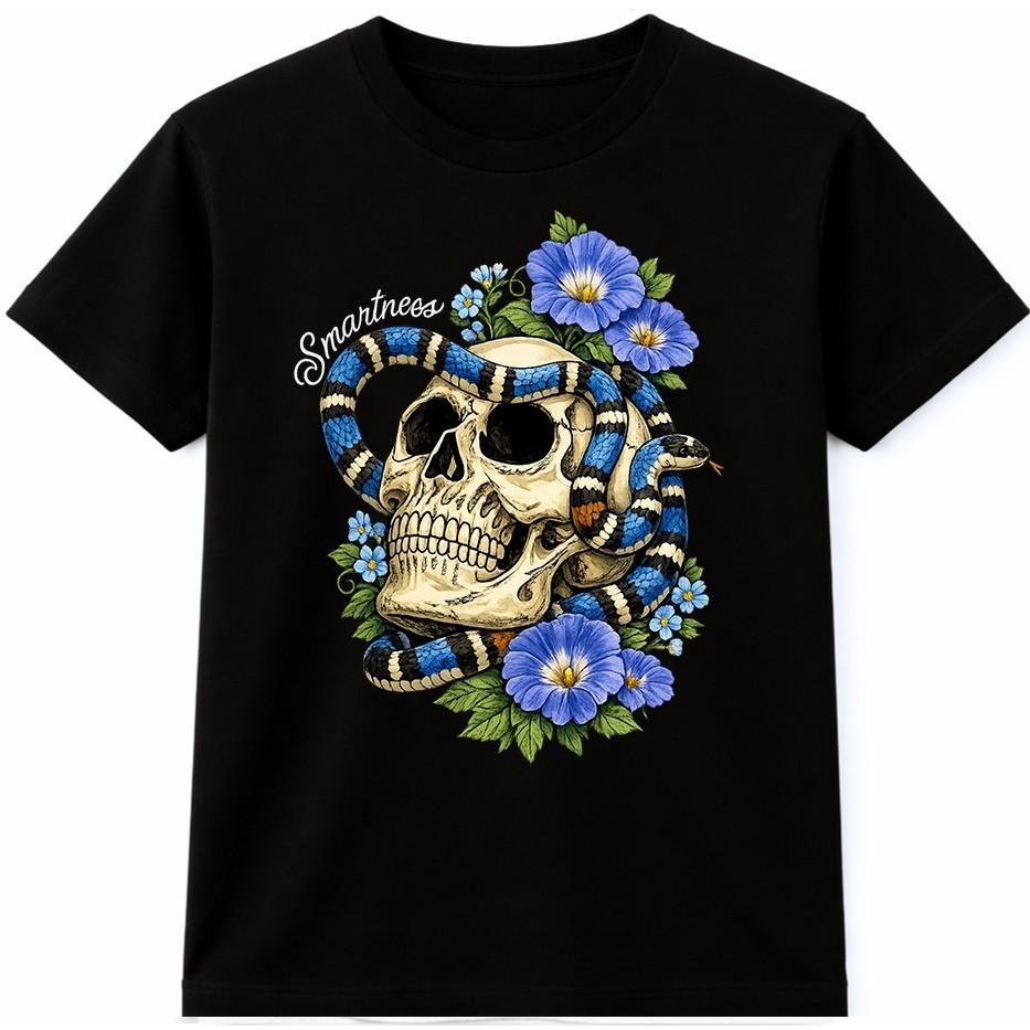 Gothic Skull Snake T Shirt Floral Tattoo Dark Streetwear Graphic Tee S