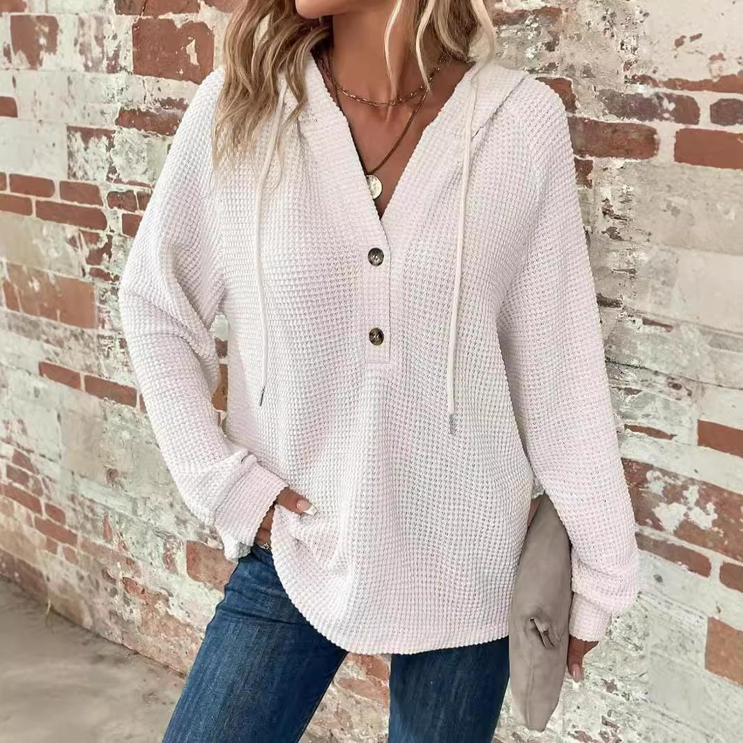 

Женский белый вафельный трикотажный худи на пуговицах с V-образным вырезом и кулиской XXL белый