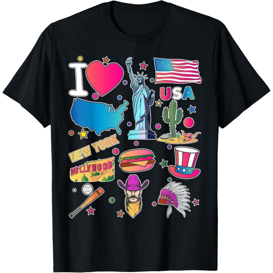 

hand drawn American travel symbols, USA map, Cultural icons T-Shirt XXXXXL чорний
