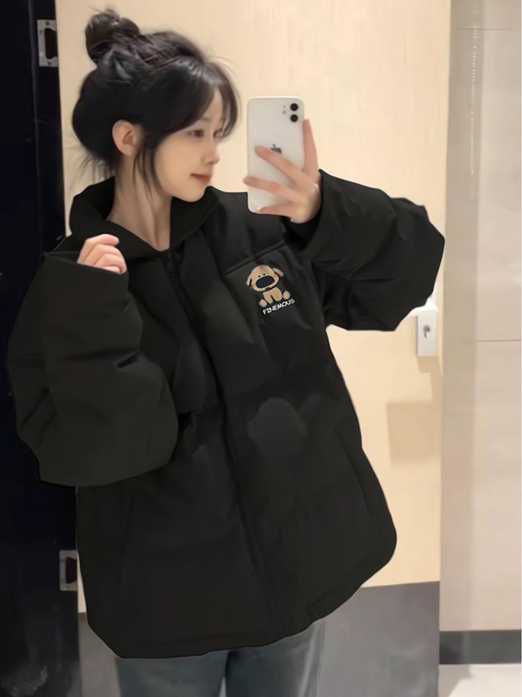 Women's Black Stand Collar Down Cotton Jacket - Autumn/Winter, Small, Loose, Warm, Thickened, Cold Protection Coat for High School Students.