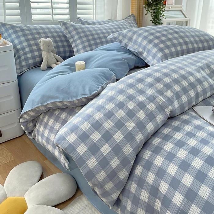 Plant Thickened Three Four Piece Bed Sheet Set Blue And White Large Grid