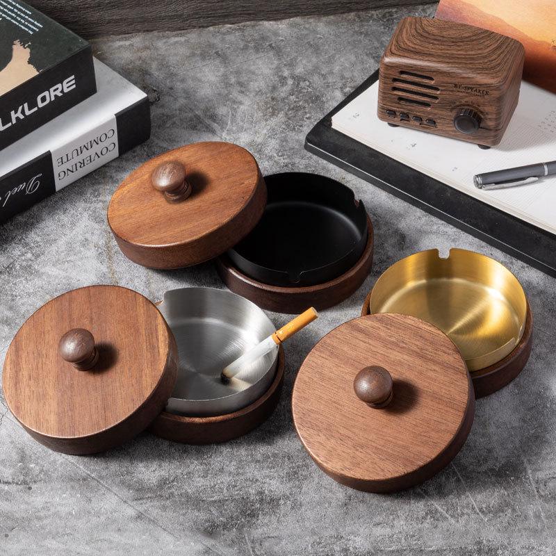 Gold-Stainless Steel Ashtray with Lid, Solid Wood Base – Anti-Ash Design for Home and Office, Ideal Gift.