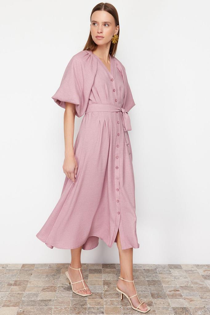 Women's Fashion Linen Look Woven Shirt Dress with Stone Belt and Half Balloon Sleeves