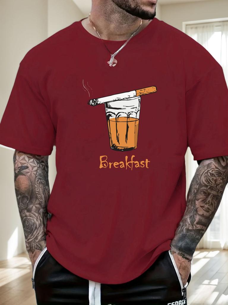 Mens Casual Tshirt Breakfast Cigarette Drink Print Short Sleeve Round Neck Breathable Oversized Edgy Daily Tee