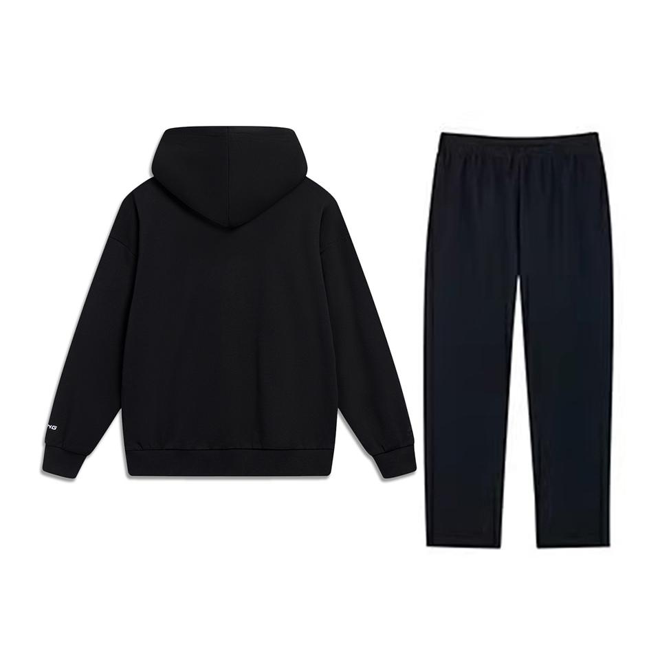Li-Ning Embroidered Logo Letter Pattern Long Sleeve Hooded Top And Versatile Long Pants Sweatshirt Set Men Sets Black AWDUC41-1+AKLU949-1