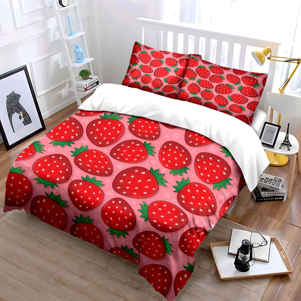 Strawberry Pattern Pink Background Bedding Duvet Cover Set (1*Duvet Cover 2*Pillowcases, without duvet insert)