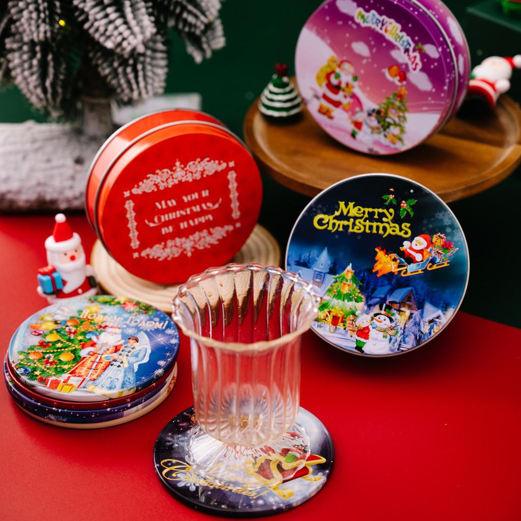 Christmas Themed Delightful Round Tin Coasters With Cute Cartoon Designs For Kids And Family
