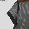INCERUN Men Summer Mockneck Short Sleeve Mesh Sheer See Through T-shirts Tee