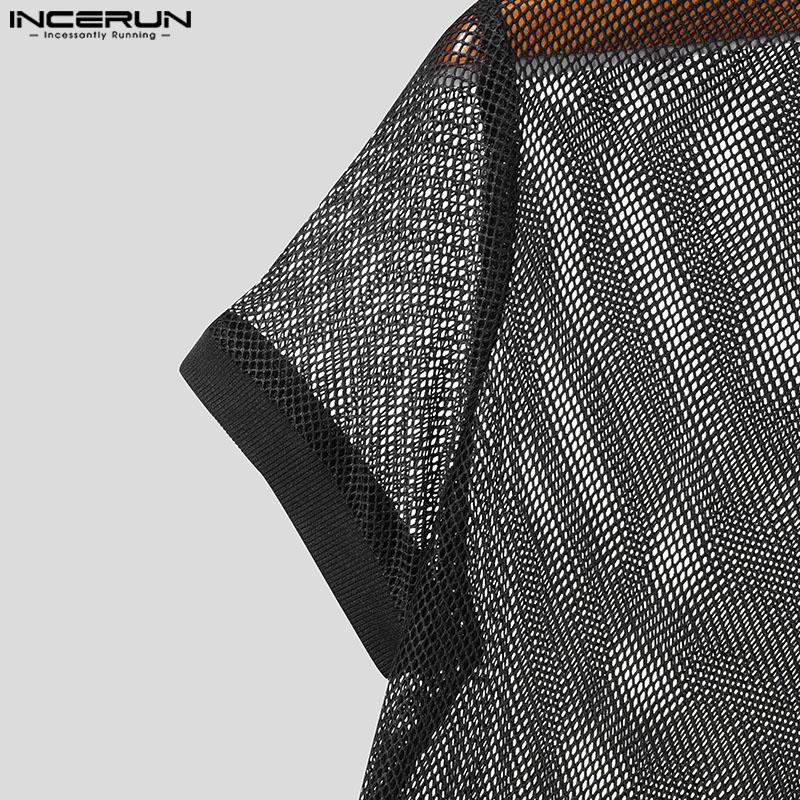 INCERUN Men Summer Mockneck Short Sleeve Mesh Sheer See Through T-shirts Tee