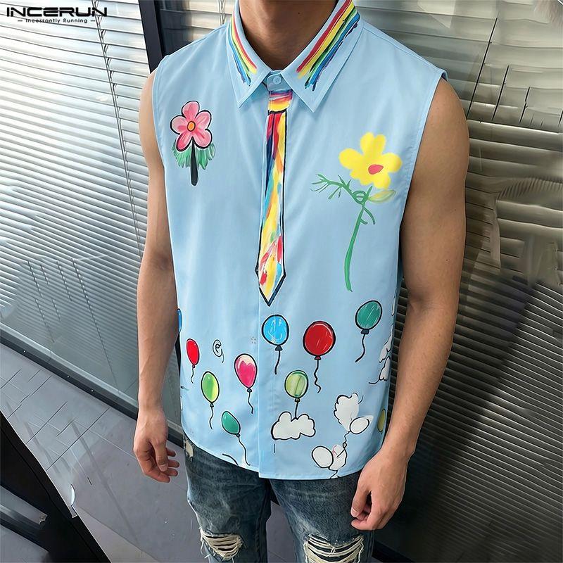 INCERUN Mens Casual Sleeveless Shirt Lapel Collar Button Down Funny Cartoon Graffiti Print Holiday Tank Tops
