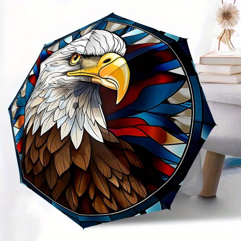 1pc Eagle Stained Glass Automatic Folding Umbrella - 8-Rib Iron Frame, Windproof, Portable Sunshade with Plastic Handle for Travel & Outdoor