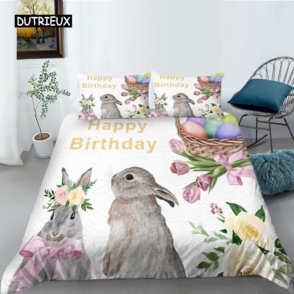 Cartoon Animal Happy Birthday King Queen Duvet Cover Cute Lion Bedding Set Kids Boys Girls Elephant 2/3pcs Polyester Quilt Cover
