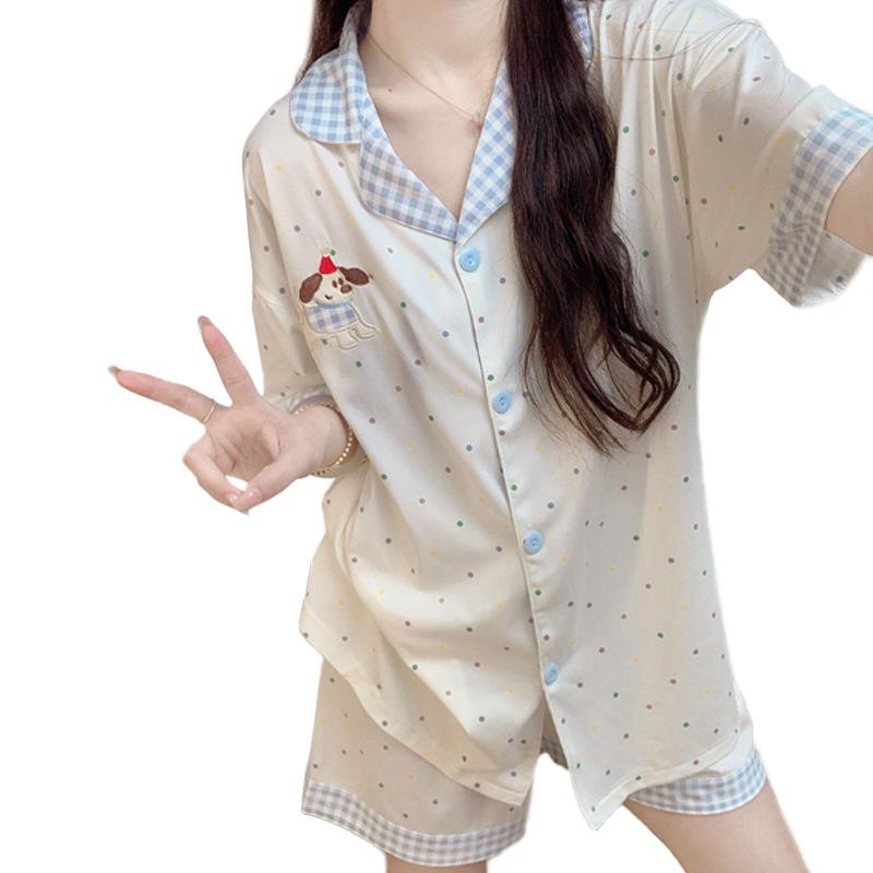 Polka Dot Puppy Pajamas Women'S Summer Contrasting Color Plaid Lapel Cardigan Short-Sleeved Loose Loungewear Set