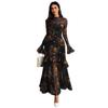 Women's Long Sleeve Maxi Dress with Floral Print Bell Sleeve High Neck Dress
