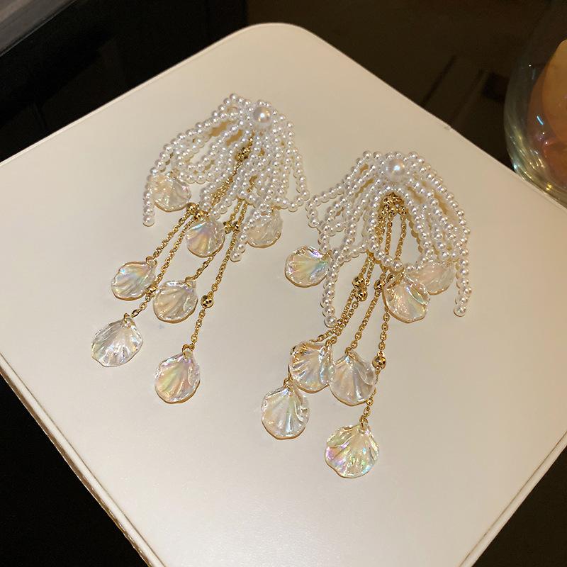 Artificial Crystal Love Pearl Fringed Earrings Korean Long Personalized Earrings Temperament Fashionable Versatile Earrings