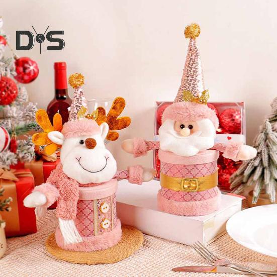 Christmas Candy Jar Christmas Plush Santa/Snowman/Elk Candy Holder Pink Candy Storage Box Fruit Packaging Jar for Home Decor
