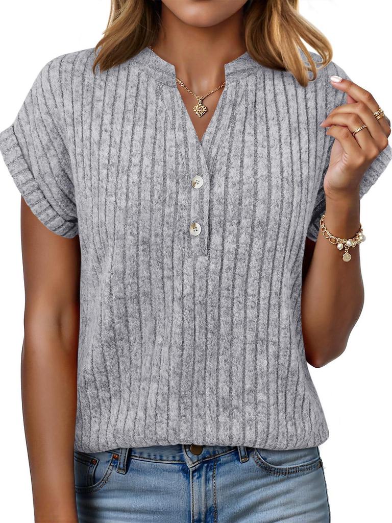 2026 Spring/Summer Casual Brushed Ribbed V-Neck Batwing Short-Sleeved Women's Top