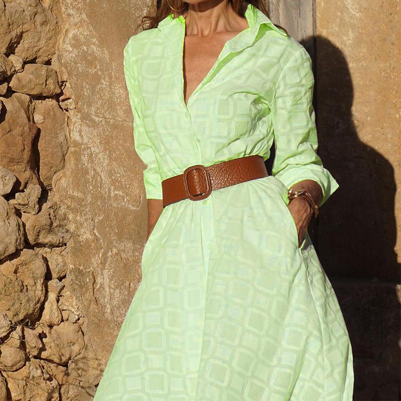 GMXIA Women's Fashion Spring Autumn Solid Color Print Long Sleeve POLO Neck High Waist Casual Dresses