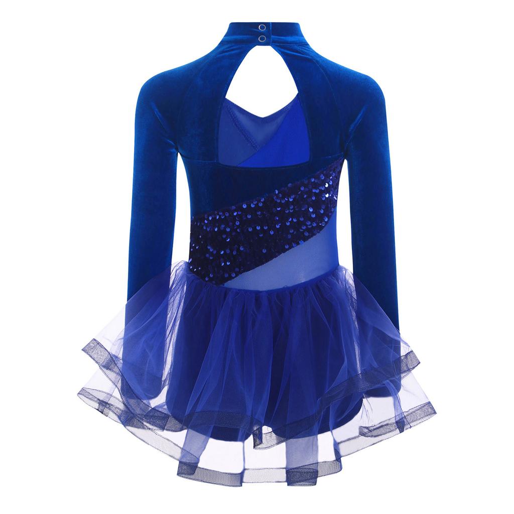 Girls Sparkling Sequins Dance Dress Mock Neck Long Sleeve with Velvet Patchwork Tutu Skirt for Performance 6-14