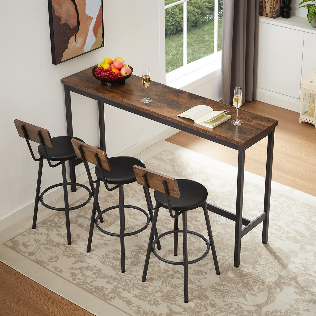 Long Bar Table with 3 Padded PU Bar Stools, Industrial Bar Table for the Kitchen, Breakfast Room, Living Room, Banquet Hall, Rustic Brown and Black