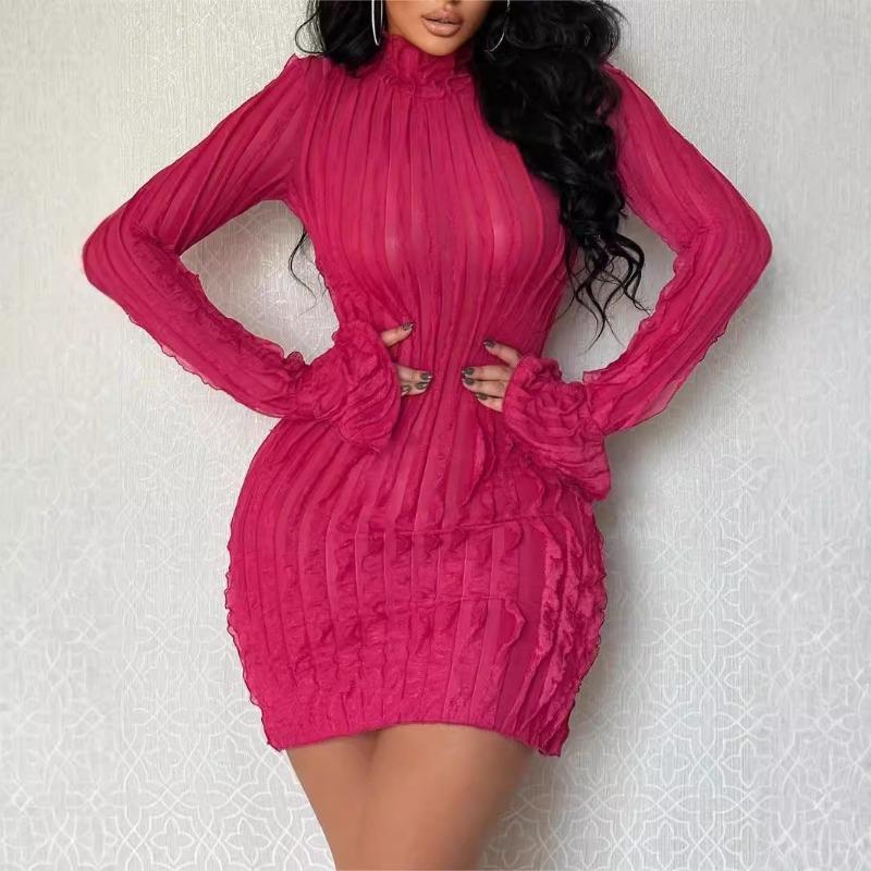 

Autumn Winter Style Cuff Slit Senior Solid Color Dress Slim Fit Sexy Hip Hugging Dress S рожевий червоний колір