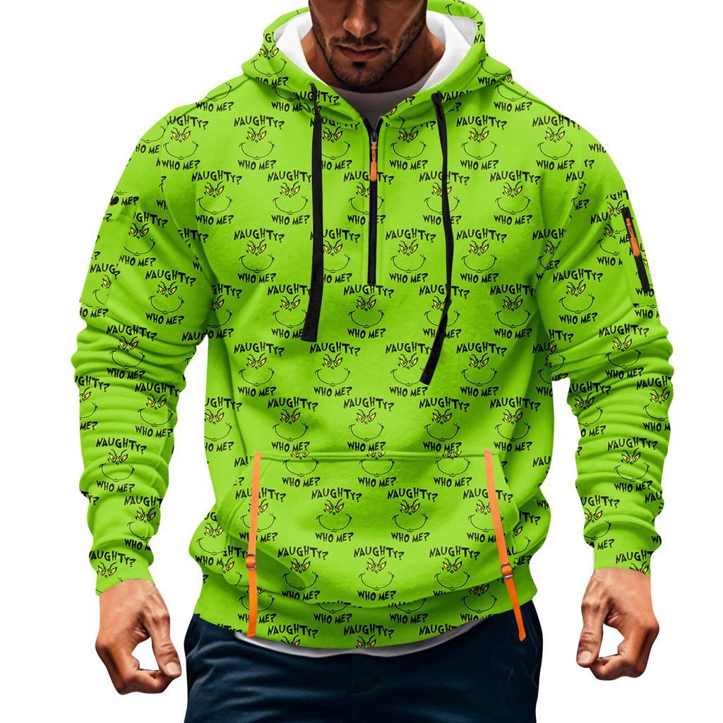 Men's Christmas Print Hooded Half-Zip Casual Sports Sweatshirt