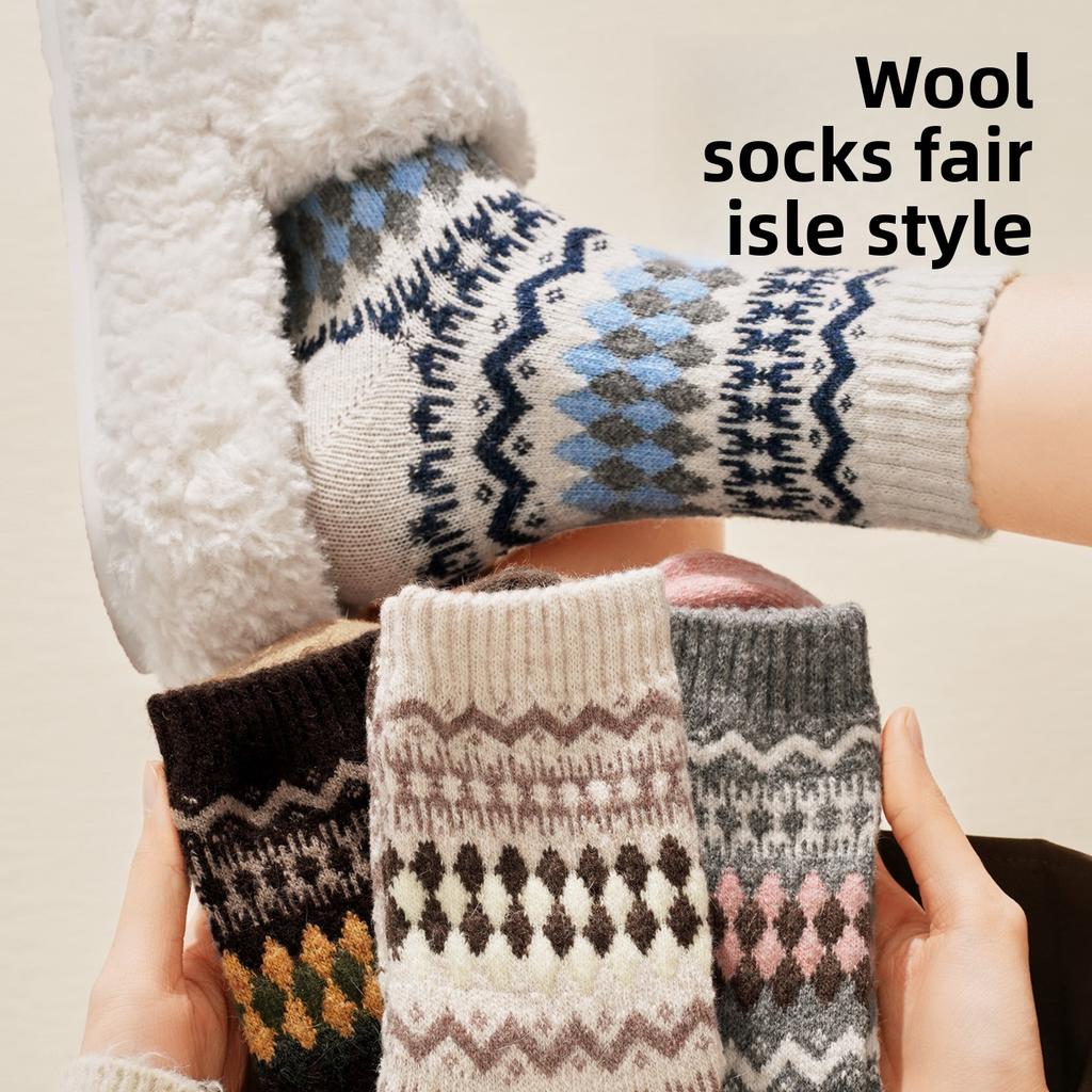 Wool Socks - Children's Vintage Fair Isle Ethnic Style Mid-length Socks for Winter, Thick and Warm Pile Socks