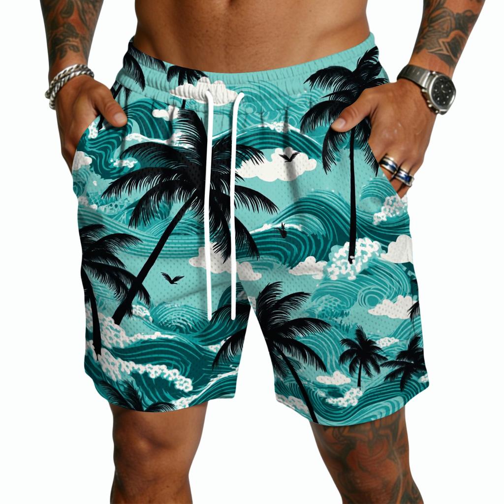 Men's Casual Hawaiian Print Drawstring Shorts Lightweight Quick Dry Mid-Length Beachwear Summer Five-Point Pants with Pockets