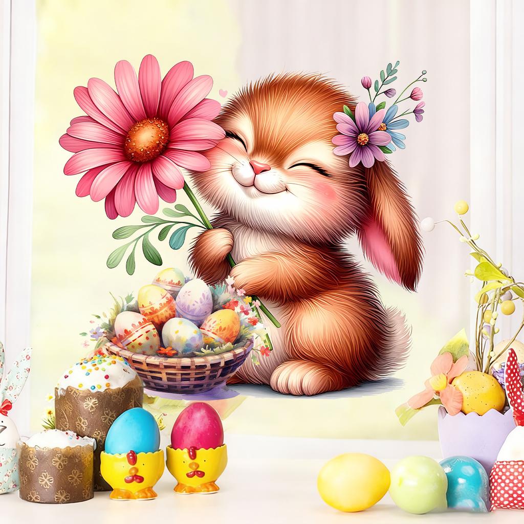 Little Rabbit Holding Flower Easter Egg Bedroom Living Room Study Decoration Electrostatic Glass Sticker
