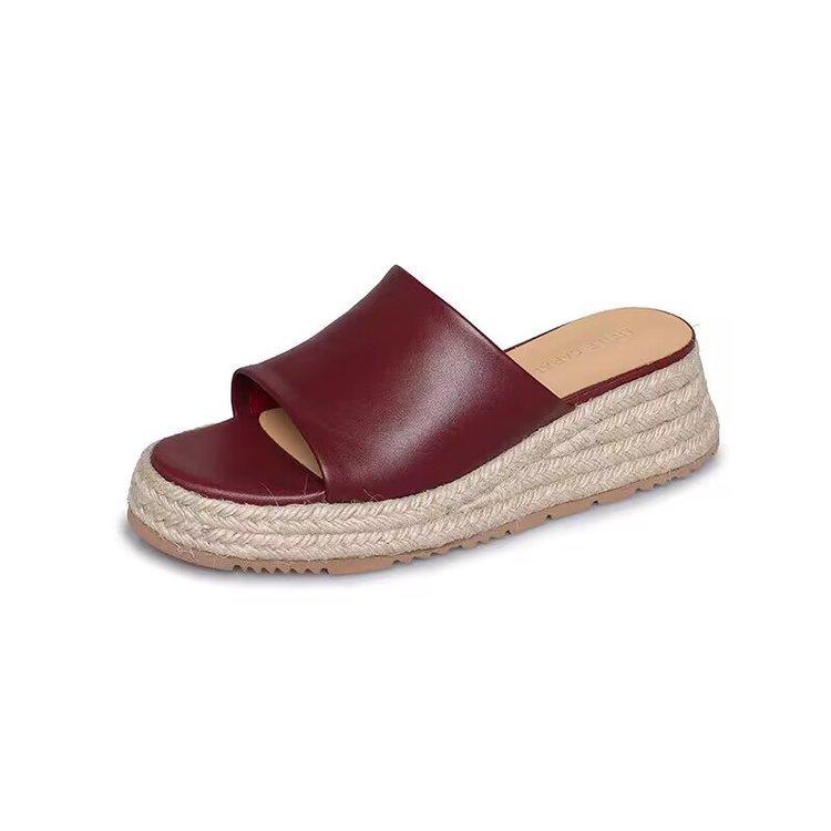 Soft Leather Version~ Straw Wedge Heel Sandals Women's 2025 Summer New Casual Outer Wear Open-toed Thick-soled One-word Slippers
