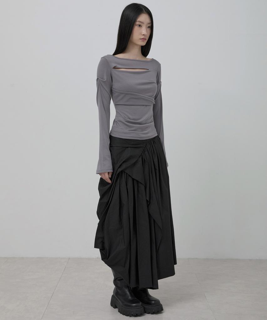 Peulleeoeob Asymmetrical Draped Layered Long Skirt (Fl-256_Black)