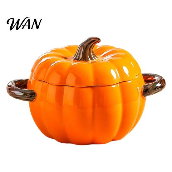 Ciotola da Zuppa con Coperchio, Manico Doppio, Zucca, Adatta al Microonde, Decorativa, Pratica, Regalo Cucina per Casa, Ciotola in Ceramica, Pentola Resistente al Calore per Stufati