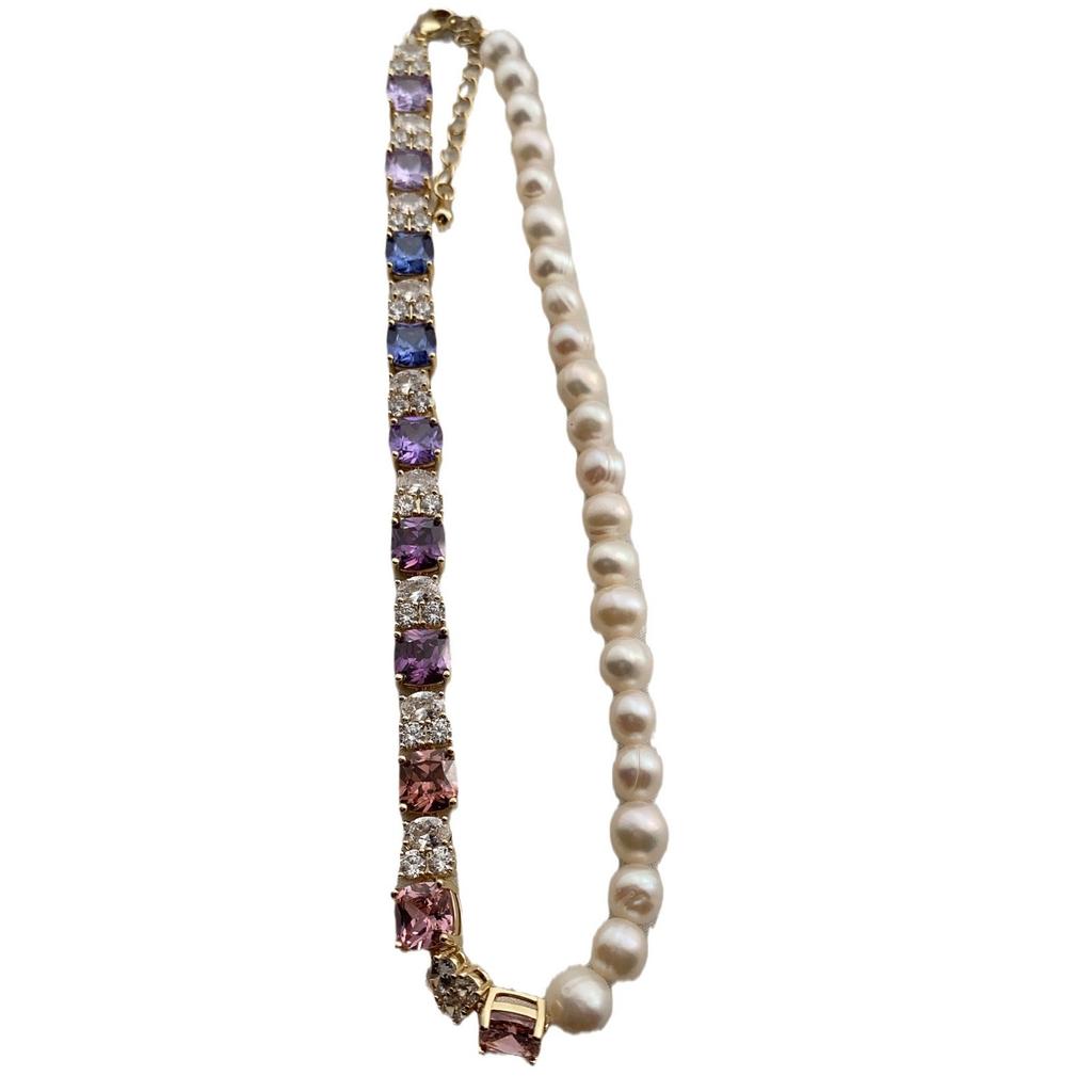Temperament Pearl Full Of Inlaid Splicing Natural Purple Tanzanite Zircon Necklace, A Variety Of Wearing Designs, Clavicle Chain Women