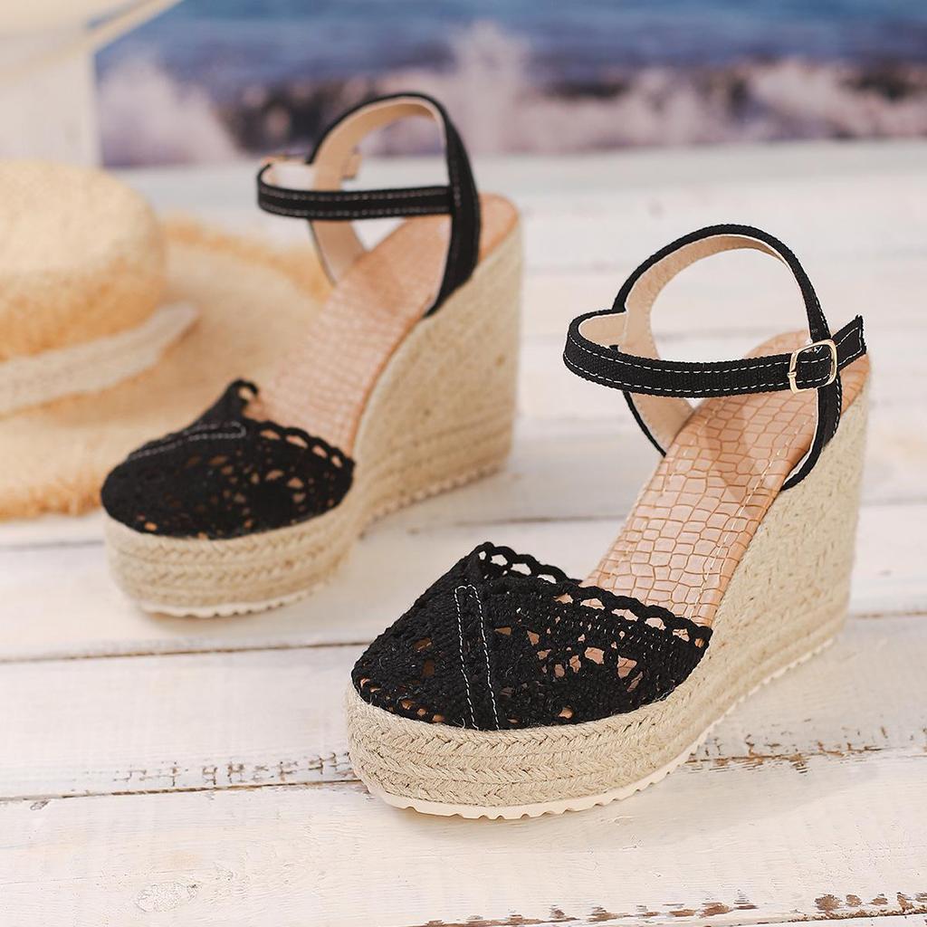 Women's Closed-Toe Wedge Sandals - Thick Sole, Waterproof Platform, Espadrille Style with Hemp Rope and Single Strap.