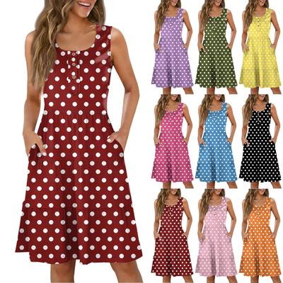 Vestidos Casuales de Verano para Mujer con Botones, Cuello Redondo, Sin Mangas y Estampado de Lunares
