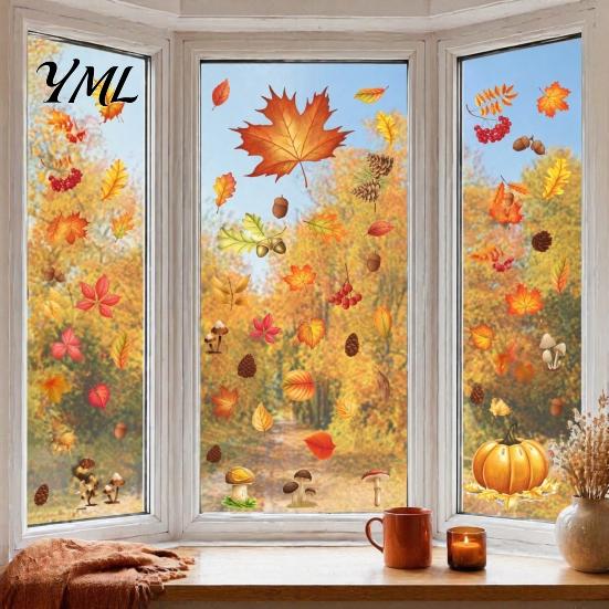Nature Theme Window Art 5Pcs Autumn Maple Pumpkin Static Clings, Fall Harvest Stickers, Decorative PVC Glass Stickers Glue-Free Removable Decor