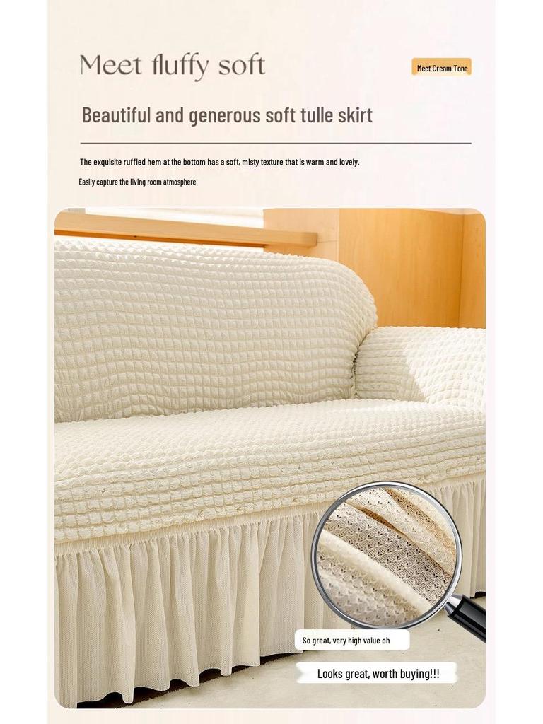 Universal Cream Seersucker Sofa Slipcover - Full Wrap, Four Seasons, One-Piece Protective Cover for Double & Triple Sofas