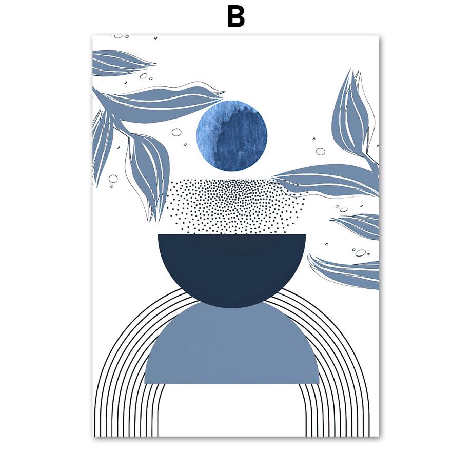 

Бохо синие абстрактные постеры и принты, современная геометрическая линия середины века, настенное искусство, лист монстеры, холст, картина, декор для комнаты 40X50cm No Framed