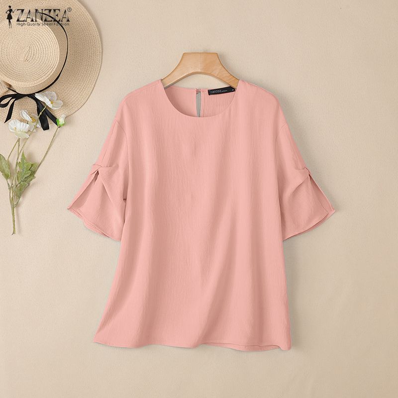 ZANZEA Women Round Neck Solid Color Casual Short Sleeve Blouse