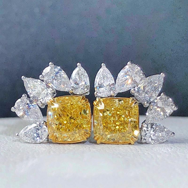 Radiant Cut Yellow Cubic Zirconia with Surround Marquise Clear Stone Luxury Stud Earrings
