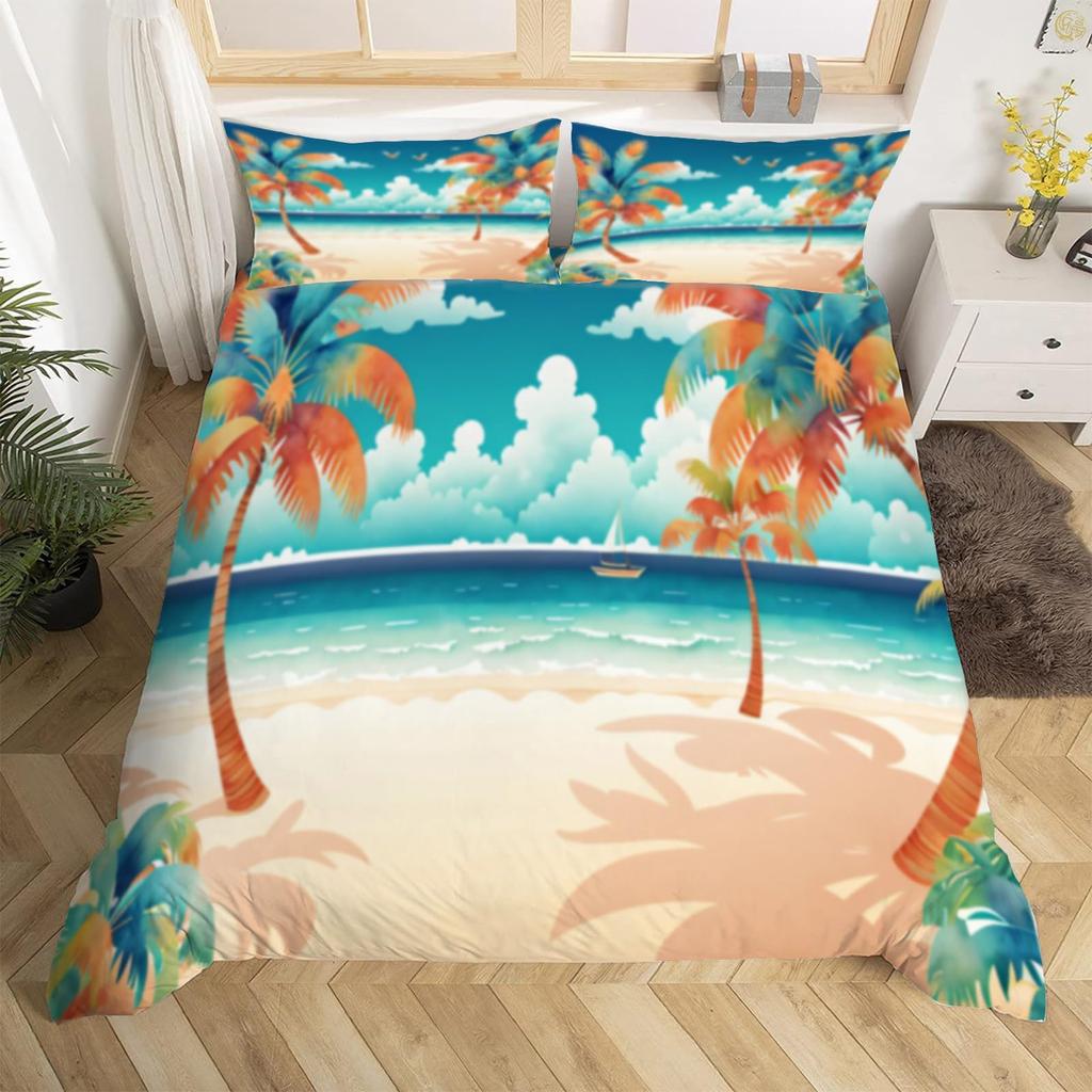 Paesaggio Marino Re Regina Matrimoniale Copripiumino Hawaii Paesaggio Oceanico Set Biancheria da Letto Palma Tropicale Tramonto Poliestere Coperta Trapuntata