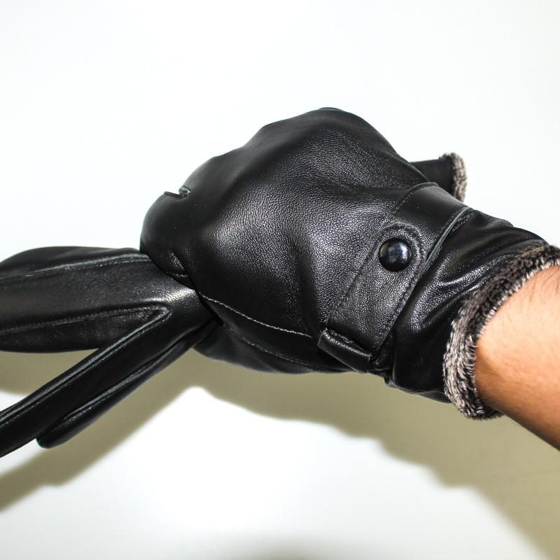 Mens Genuine Sheepskin Leather Gloves Warm Fleece Lined Winter Cycling Work Black Long